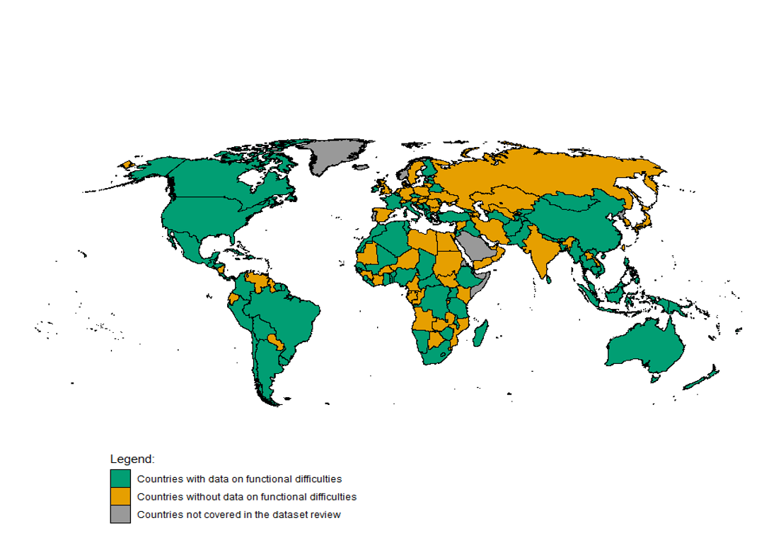 Figure 3.1 is a map of countries with data on functional difficulties, countries without data on functional difficulties and countries not covered in the dataset review in this report. Appendix 2 has the table supporting this figure this figure.