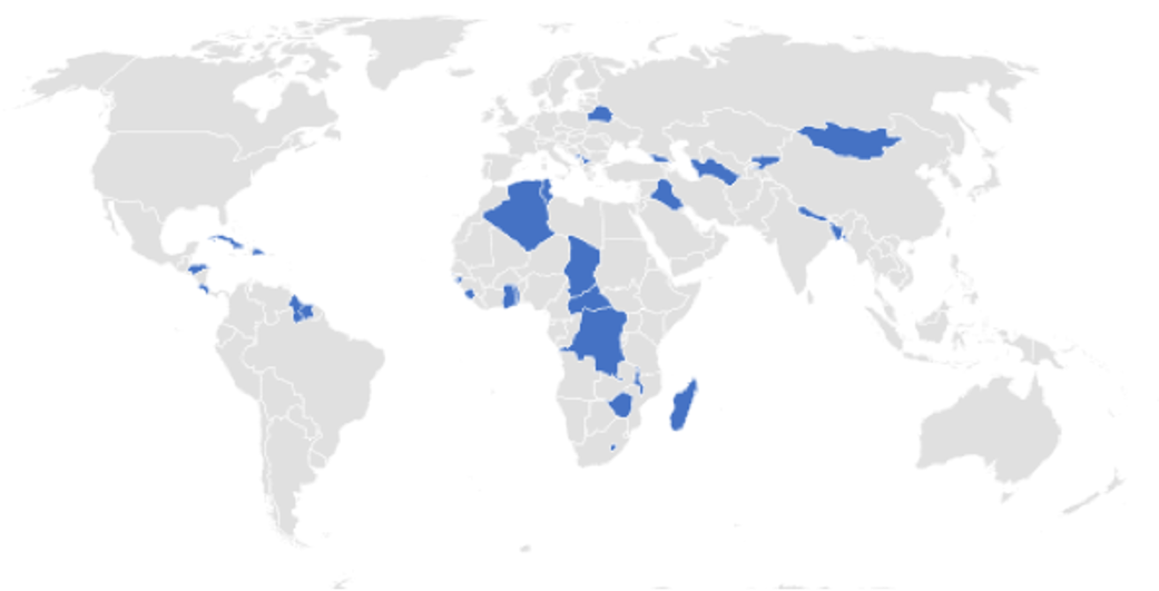 Figure 4.1 is a map of the world in which the 35 countries covered in the rest of this report are highlighted. The list of countries is given in the text of the report in Section 4.