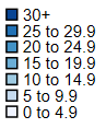 Legend of Figure 5.2 This is the legend for different levels of the share of adults with difficulties in South Africa from a low of 0 to 4.9% to a high of 30% and above.