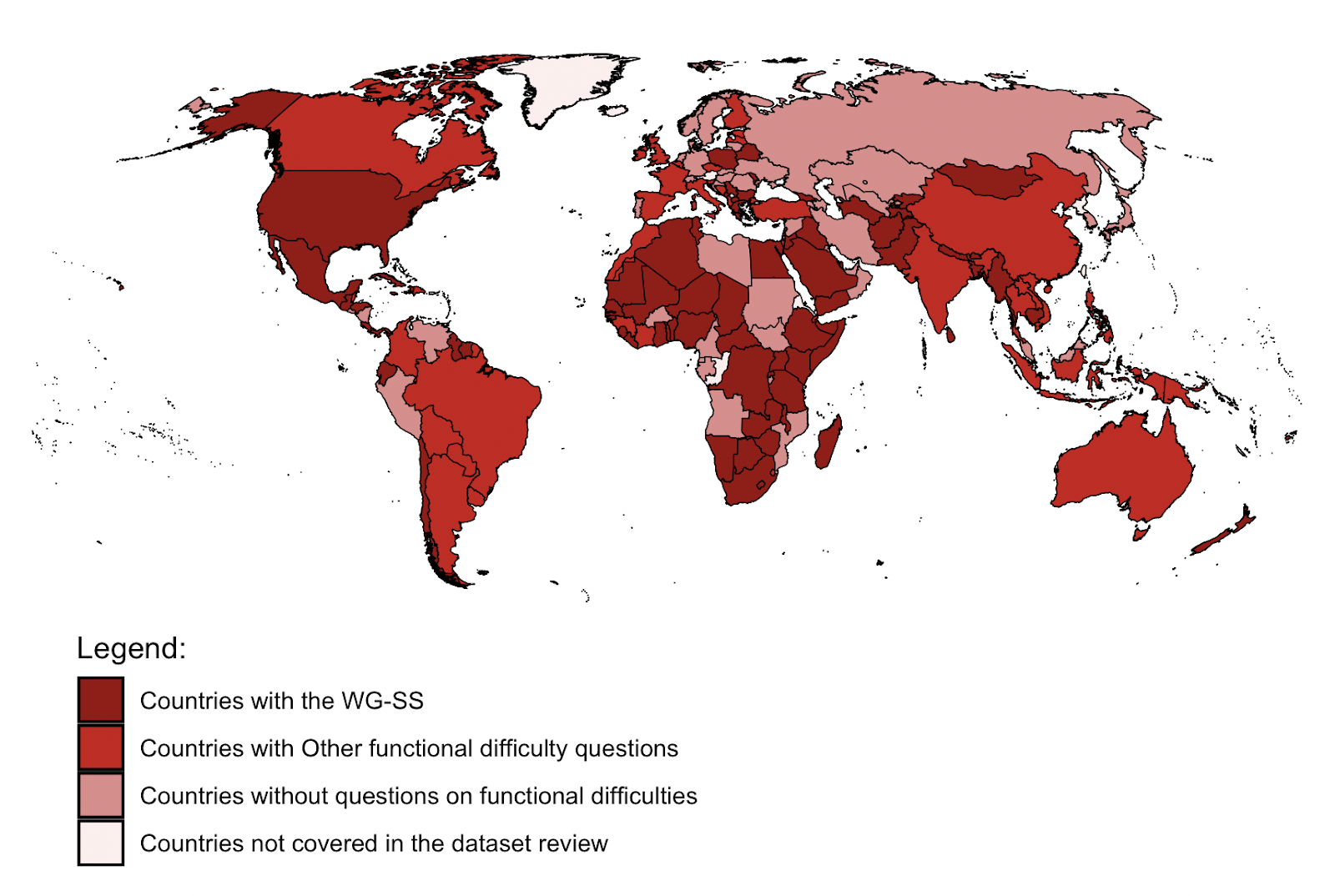 Figure 3.1 is a map of countries based on whether their national surveys or censuses were found to have the WG-SS, other functional difficulty questions or not functional difficulty questions at all.