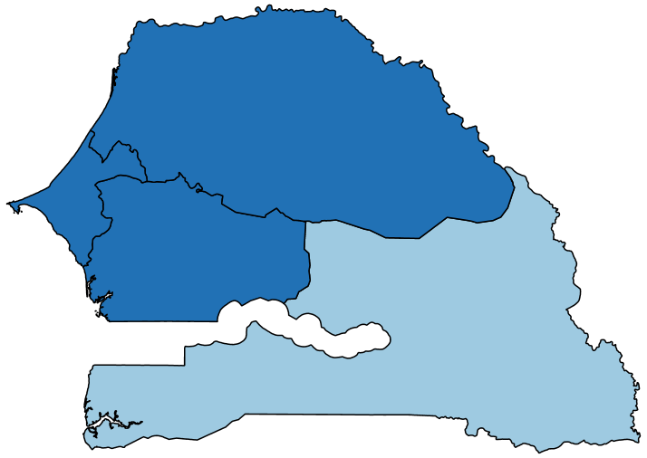 Figure 1b maps the share of adults with some difficulty at the regional level in Senegal