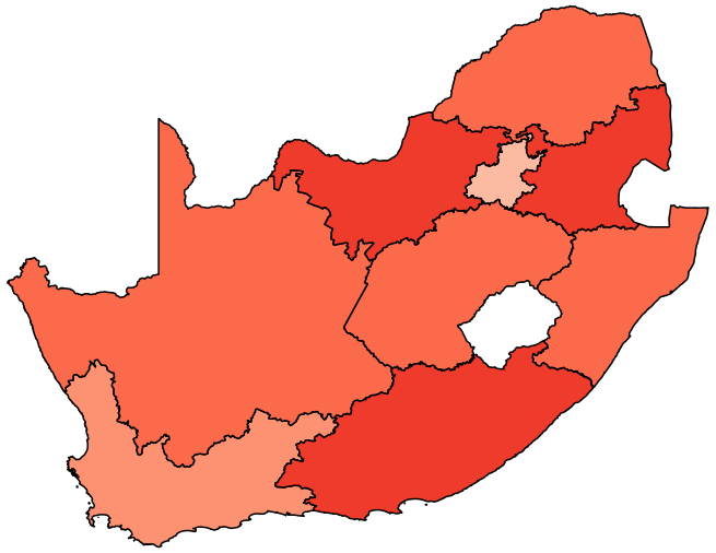 Figure 1b maps the share of adults with some difficulty at the regional level in South Africa