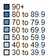 Legend of Figure 1 This is the legend for different categories of the multidimensional poverty headcount from a low of 30 to 39.9% to a high of 90% and above.