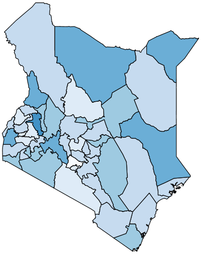 Figure 1c maps the share of adults with at least a lot of difficulty at the regional level in Kenya 