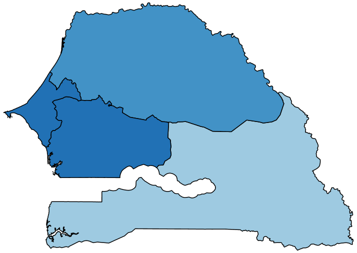 Figure 1a maps the share of adults with no difficulty at the regional level in Senegal 