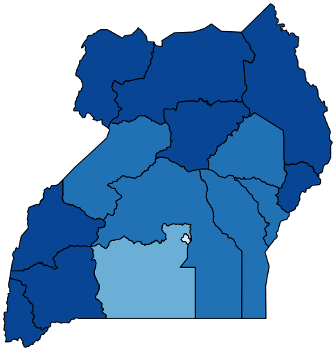 Figure 1a maps the share of adults with no difficulty at the regional level in Uganda