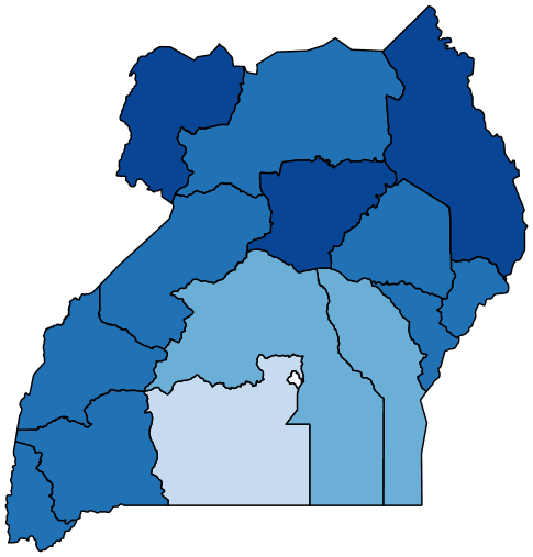 Figure 1c maps the share of adults with at least a lot of difficulty at the regional level in Uganda 