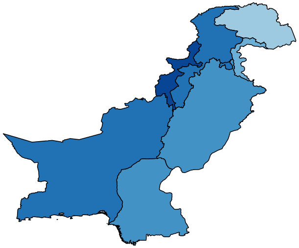 Figure 1c maps the share of adults with at least a lot of difficulty at the regional level in Pakistan