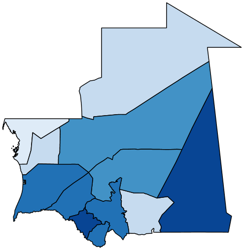 Figure 1b maps the share of adults with some difficulty at the regional level in Mauritania