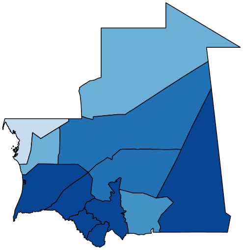 Figure 1c maps the share of adults with at least a lot of difficulty at the regional level in Mauritania